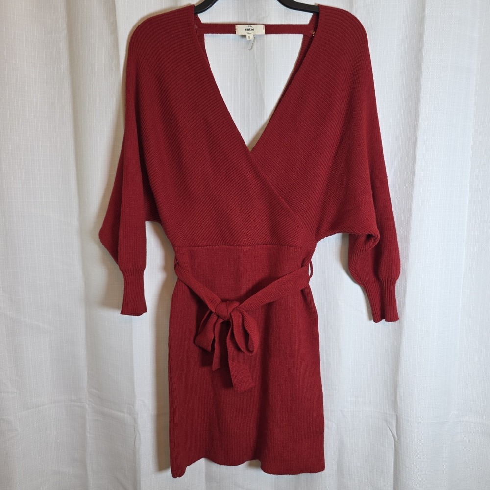 Entro Womens S Burgundy Wrap V Neck Batwing Long Sleeve‎ Sweater Dress